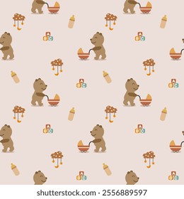 Bear and baby stroller cartoon so cute. On baby bottle cloud star moon background. Pattern seamless vector illustration. 
