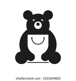 Bear with a bag in his hands. Bear logo with white shopping bag on white background