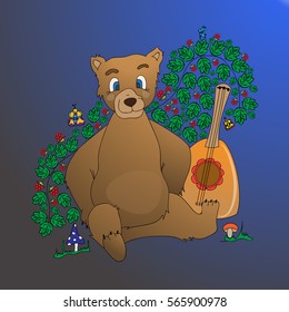 Bear with a balalaika. Raspberry bushes in a forest glade. Russian folklore. Freehand sketch. Bright illustration on a blue background.