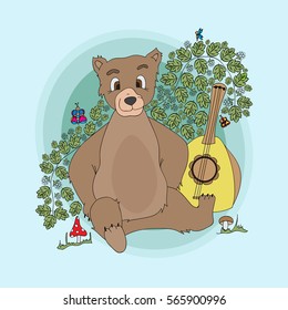 Bear with a balalaika. Raspberry bushes in a forest glade. Russian folklore. Freehand sketch. Bright illustration on a blue background.