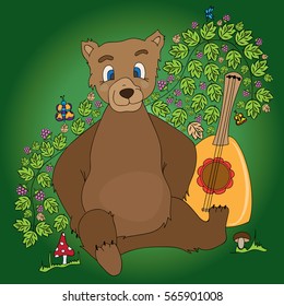 Bear with a balalaika. Raspberry bushes in a forest glade. Russian folklore. Freehand sketch. Bright illustration on a green background.