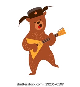 Bear with balalaika vector illustration. Russian tradicional symbol. Travel to Russia cartoon style. Bear in a hat with earflaps, isolated on a white background
