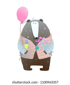 Bear with Ballon Flowers and Ice cream. Holiday cartoon of wild dressed animal bear. Vector illustration.