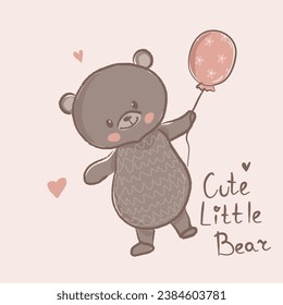 Bear with balloon flowers, heart Cute animal. Vector illustration. T- shirt design print for girl, baby, newborn, kids, children clothes. Textile, fabric,greeting card, typography, dishes. Teddy bear 