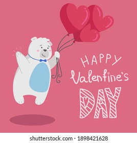 Bear with balloons, cute character, vector illustration of Valentine's day, background, card, postcard, poster