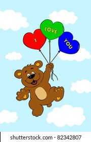 Bear with balloons flying in air