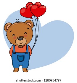 bear with balloons in the form of heart. Space for text