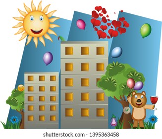 Bear with balloons, houses, pastoral