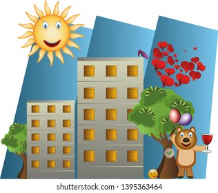 Bear with balloons, houses, pastoral