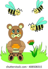 bear with a barrel of honey and a bee,vector illustration