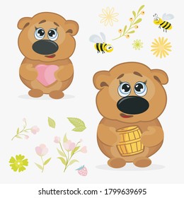 Bear with a barrel of honey and flowers. Vector drawing of a bear cub