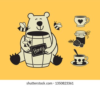 Bear with a barrel of honey. Tea and honey icons. Vector image