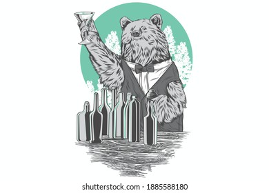bear as bartender for t-shirt and poster design print