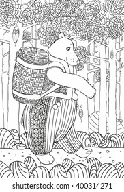 Bear with basket of bast goes on a forest path