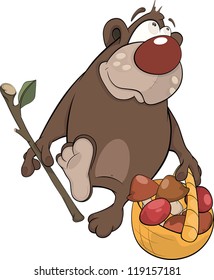 Bear with a basket with mushrooms. Cartoon