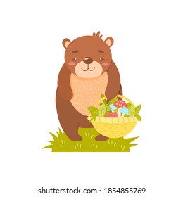 Bear with a basket of mushrooms and leaves. Simple illustration on an isolated background. Can be used as a design for office supplies, prints on clothes.
