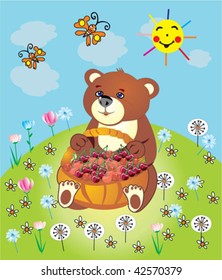 Bear with a basket on the meadow