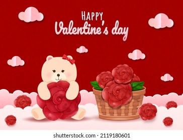 Bear in a basket with red roses