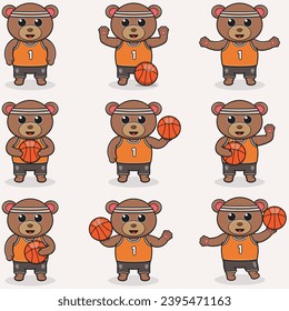 Bear Basketball set. Funny Bear doing Basketball. Cute cartoon character vector set isolated on a white background. Cartoon animal sport. Animal cartoon. 