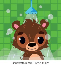 The bear bathes in the bathroom under the shower. Head of a happy bear cub. Vector illustration in cartoon children s style. Isolated funny clipart on a green background. Cute animal print.