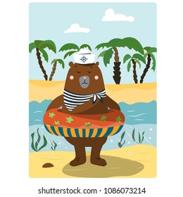 Bear bathing in the sea with lifeline