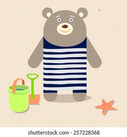 Bear in a bathing suit on the beach with a bucket and shovel. Vector.