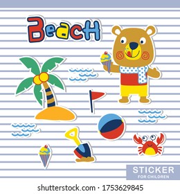 bear and beach sticker design funny animal cartoon, Vector illustration