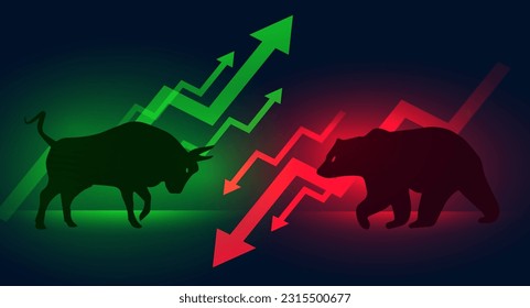 Bear or bearish Bull run or bullish market trend in crypto currency or stocks. Trade exchange background, up arrow graph for increase in rates. Cryptocurrency price chart blockchain technology.