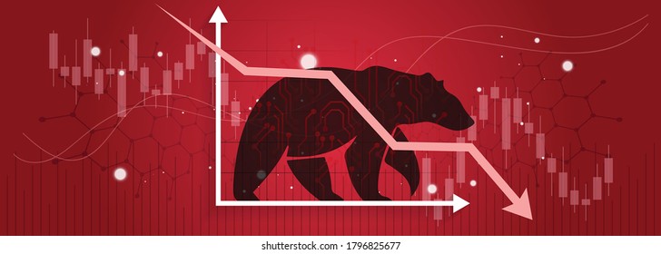 Bear or bearish market trend in crypto currency or stocks. Trade exchange background, down arrow graph for decrease in rates. Cryptocurrency price chart & blockchain technology. Global economy crash.