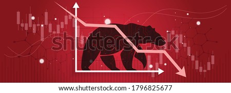 Bear or bearish market trend in crypto currency or stocks. Trade exchange background, down arrow graph for decrease in rates. Cryptocurrency price chart & blockchain technology. Global economy crash.