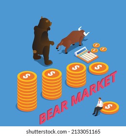 Bear beat bull in a bearish market trend isometric 3d vector concept for banner, website, illustration, landing page, flyer, etc.