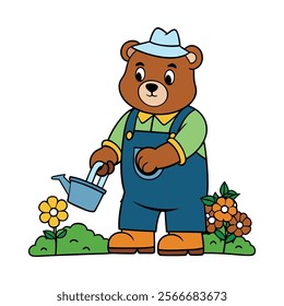 The Bear Becomes a Gardener on white background. bear cartoon vector illustration