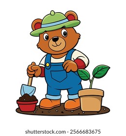 The Bear Becomes a Gardener on white background. bear cartoon vector illustration