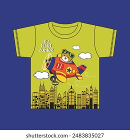 Bear becomes a pilot flying around the city,design cartoon vector illustration