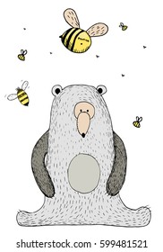 Bear and bee. Hand drawn illustration for cards, posters or children's books.
