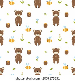 Bear, bee and honey. Seamless pattern for sewing children clothing, printing on fabric and packaging paper. Universal wallpaper in children. Design for boy and girl.