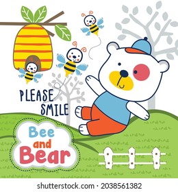 bear and bee play in the garden funny animal cartoon