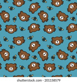 Bear and bee. Seamless background.