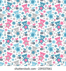 Bear and bee seamless pattern. Vector illustration.