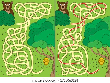 Bear And Beehive Maze For Kids With A Solution