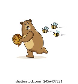 The bear and the bees. The bees chasing after the running bear. vector illustration