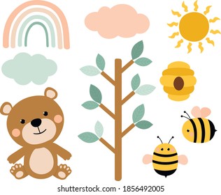 Bear bees honey vector illustration. Pink and blue trees cloud rainbow