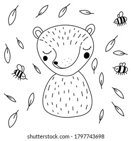 oso y abejas en estilo escandinavo Doodle. Línea negra de ilustración de vector