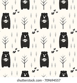 Bear, bees and trees seamless pattern on white background. Simple scandinavian style nature illustration. Simple forest with animals design for textile, wallpaper, fabric.