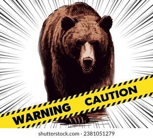 "Bear Beware" poster design with realistic-looking bears, concentration lines and hazard tape.