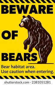 "Bear Beware" poster design, yellow background, standing bear and hazard tape