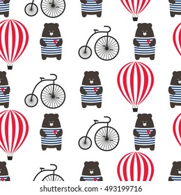 Bear with bicycle and hot air balloon seamless pattern. Cute cartoon teddy with retro transport vector illustration. Child drawing style adventure background. Design for fabric, textile etc.