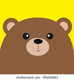Bear big head. Cute cartoon character. Forest baby animal collection. Yellow background. Isolated. Flat Vector illustration