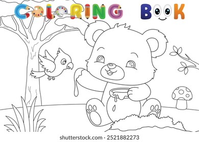 Oso y pájaro compartiendo miel página de libro para colorear. Ilustración vectorial