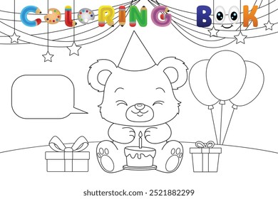 Bear with birthday cake and presents coloring book page. Vector illustration